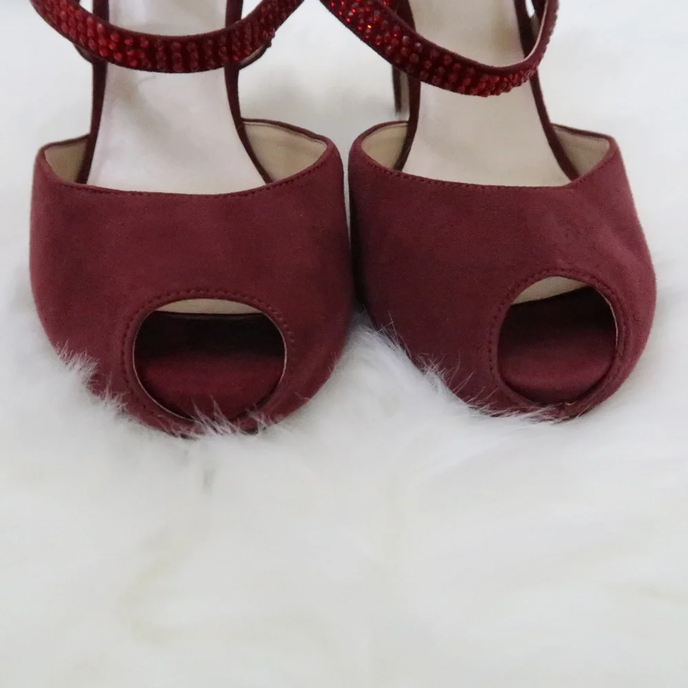 Nine West Burgundy Red Suede Peep-Toe High Heels with Red Rhinestone Straps